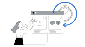 Sulla sinistra, una donna con i capelli chiari e ricci raccoglie un paio di occhiali da una pagina web. Sulla destra, un cronometro e una freccia in blu che indica circolarità e velocità