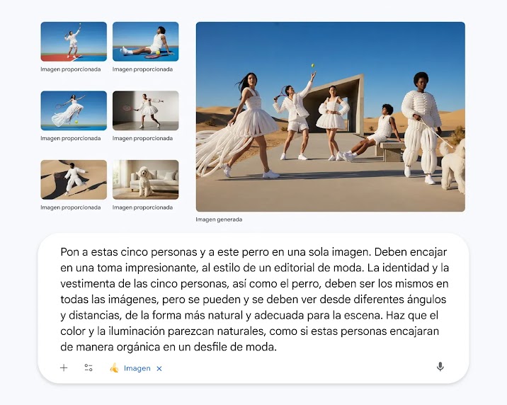  Para generar la imagen con IA, se combinan una serie de imágenes de entrada de un caniche blanco, personas vestidas de blanco jugando al tenis y un prompt detallado sobre un "impresionante editorial de moda" con "iluminación natural". 