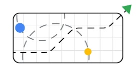 A stylised grid graphic shows a blue circle and a yellow circle connected by multiple dashed paths, with a bold black dashed line leading to a green arrow pointing upward toward the top right corner.