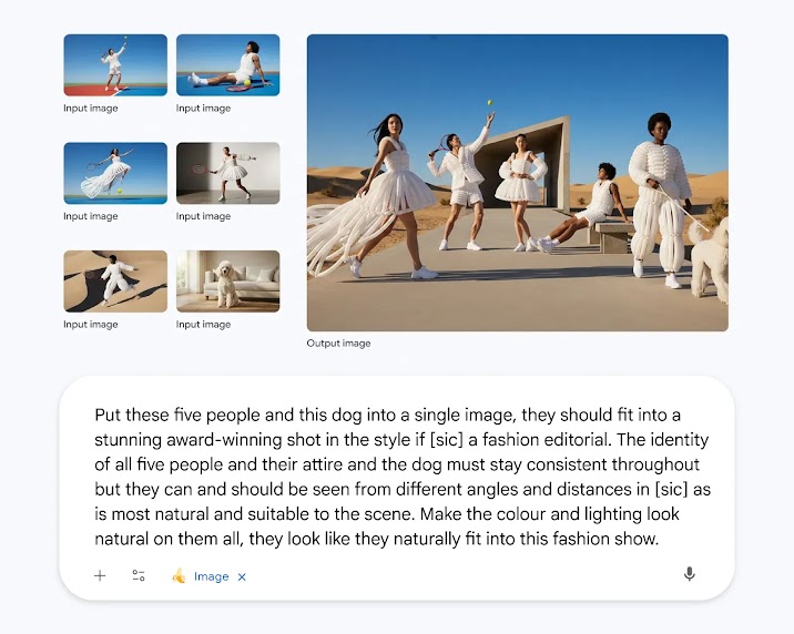 A series of input images of a white poodle, people wearing white clothing while playing tennis, and an elaborate prompt about “stunning award-winning … fashion editorial” and “natural lighting” are combined to make an AI-generated image.
