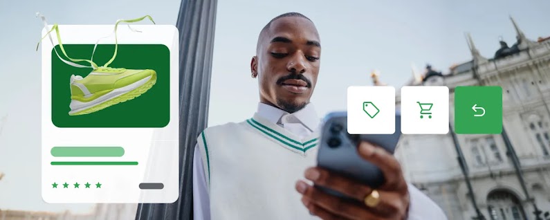 A young Black man uses his smartphone outdoors with a historic building behind him. Digital overlays show a product card with a lime green sneaker and a 5-star rating, alongside separate icons for a price tag, shopping cart, and return arrow.