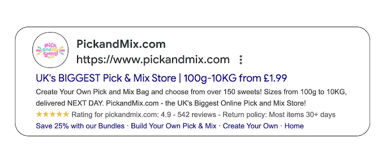 An AI-generated Google Search ad for PickandMix.com, headlined: “UK’s BIGGEST Pick & Mix Store | 100g-10KG from £1.99”
