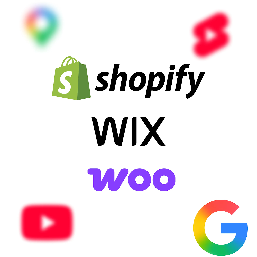 Eine digitale Grafik mit den Logos von Shopify, Wix und Woo in der Mitte, umgeben von Symbolen für Google Maps, YouTube Shorts, YouTube und Google.