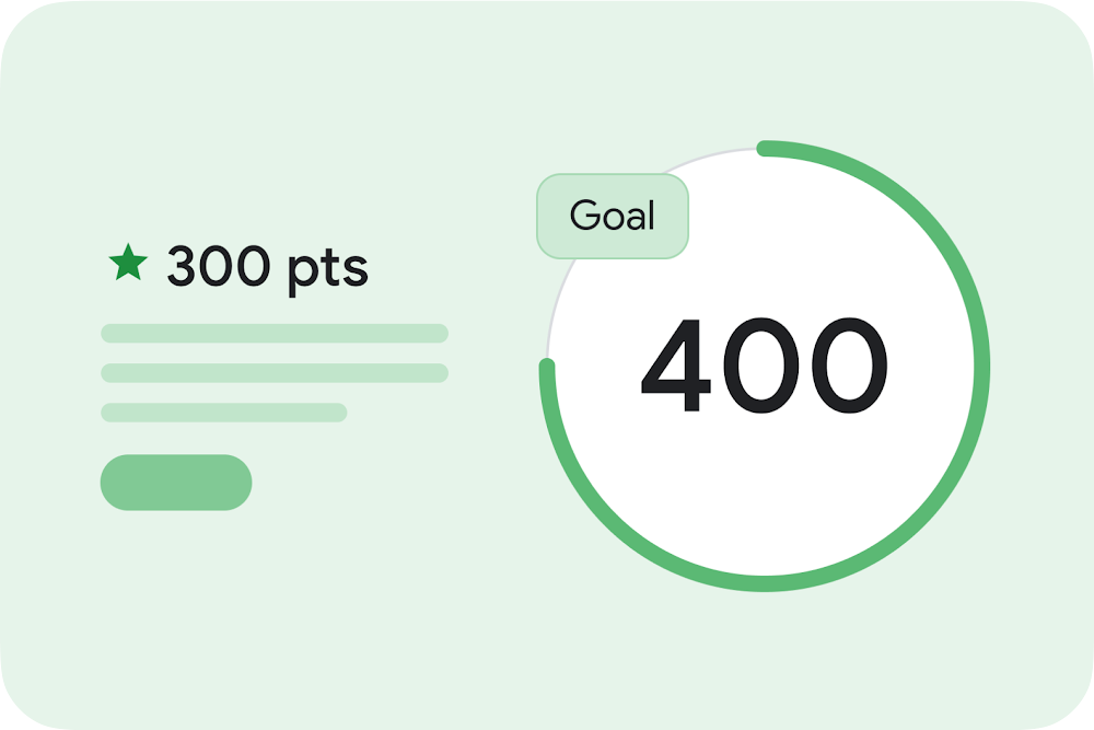 Google Ads interface showing progress towards a goal and points earned. Illustration.