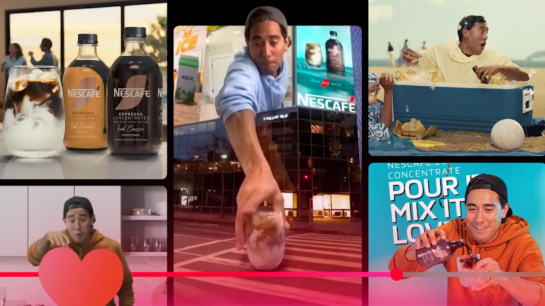 Collage of screen grabs from Zach King’s “magic” YouTube videos shows Nescafé Espresso Concentrate products, King mixing a drink, reaching out of a billboard to take a glass, sitting in a cooler on a beach, and pouring Nescafé Espresso Concentrate.