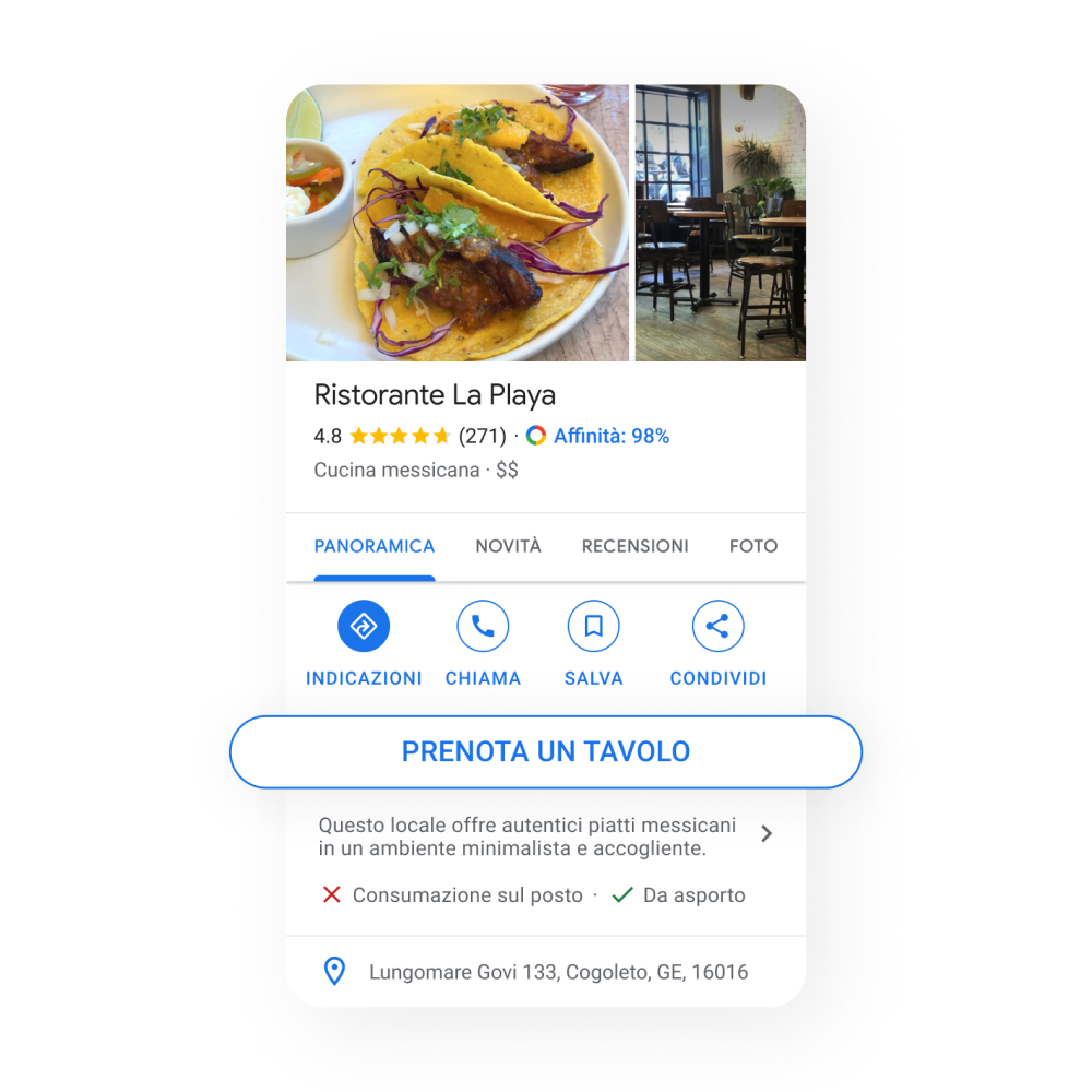 Immagine del profilo di un'attività su un dispositivo mobile che ritrae i due pulsanti per i clienti: Prenota un tavolo e Iscriviti alla lista d'attesa.