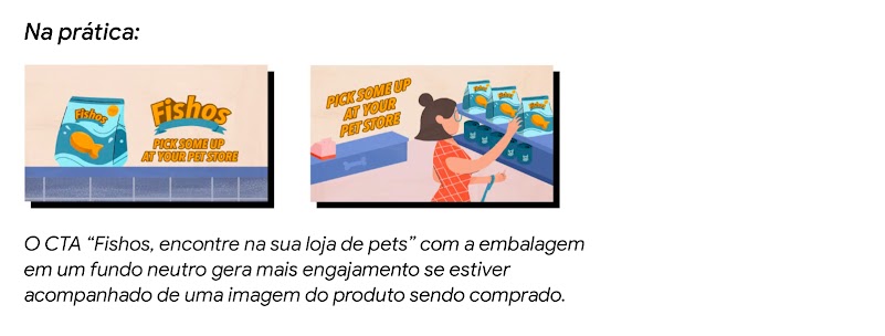 Na esquerda, uma embalagem de Fishos e o logo da marca com a mensagem: encontre na sua loja de pets. Na direita, a mesma mensagem acompanha o desenho de uma mulher escolhendo entre três embalagens de Fishos numa prateleira.