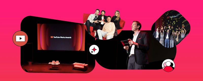 Collage sobre un fondo rojo y rosa, muestra escenas de los premios YouTube Works. Se ven iconos de YouTube, una estrella y un avatar de persona, junto al escenario con el logo, personas en un sofá, un presentador y un grupo celebrando.