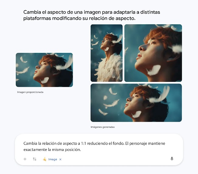 Se proporciona una imagen de una persona rodeada de plumas con la petición "cambia la relación de aspecto" y se generan tres versiones en diferentes tamaños. 