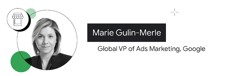 Un dispositivo móvil con el toldo de una tienda junto a la foto de Marie Gulin-Merle, global VP de Ads Marketing. Gulin-Merle tiene piel clara y cabello claro hasta los hombros, y usa un blazer de color oscuro.