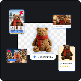 A digital collage demonstrating AI asset generation, featuring a central brown teddy bear wearing a red scarf above a "Generating..." prompt, surrounded by four different digital ads and shopping mockups featuring the same bear in various seasonal settings.