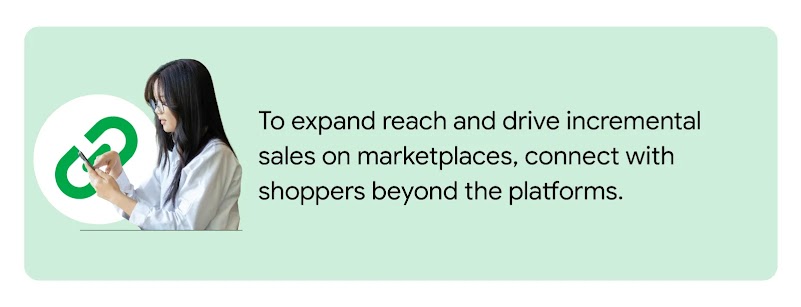 A girl holds her phone while a link symbol appears, indicating that to expand reach and drive incremental sales on marketplaces, retailers should connect with shoppers beyond the platforms.