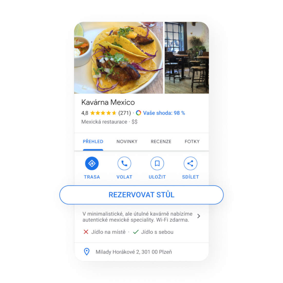 Obrázek Firemního profilu na mobilním zařízení s tlačítky pro rezervaci stolu a zápis na čekací listinu.