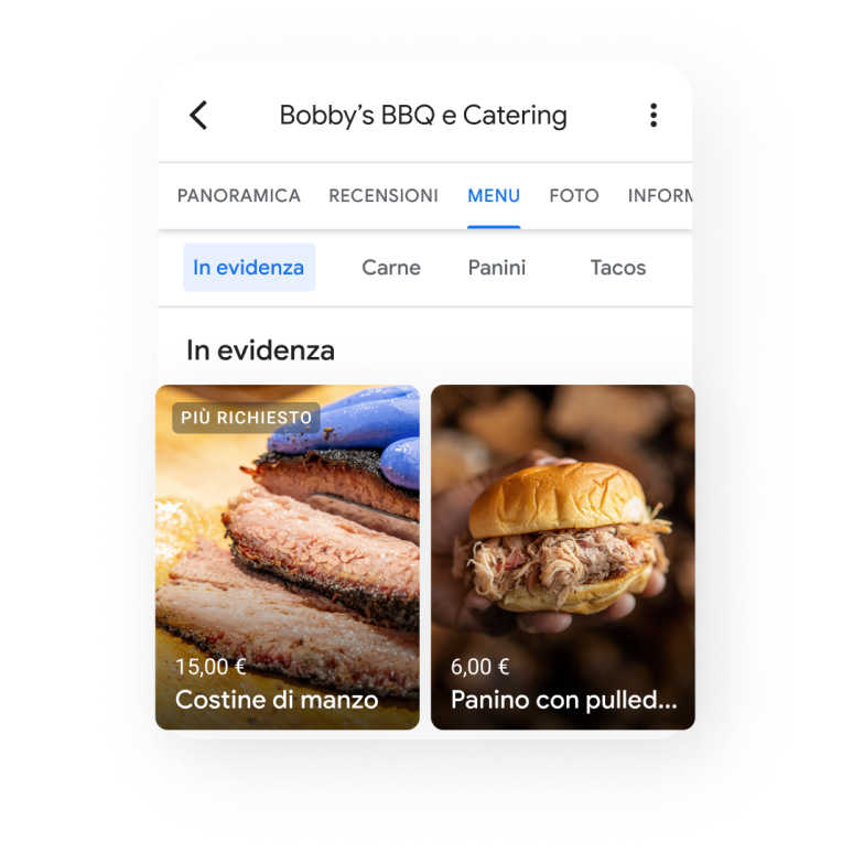 Immagine del profilo di un'attività su un dispositivo mobile che mette in risalto i pulsanti per il ritiro e la consegna dell'ordine