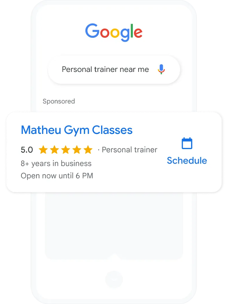 A search query and local services ad for personal trainers  nearby.