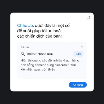 Giao diện đề xuất tối ưu hóa trên Google Ads gợi ý thêm từ khóa mới để tăng hiệu suất chiến dịch quảng cáo.