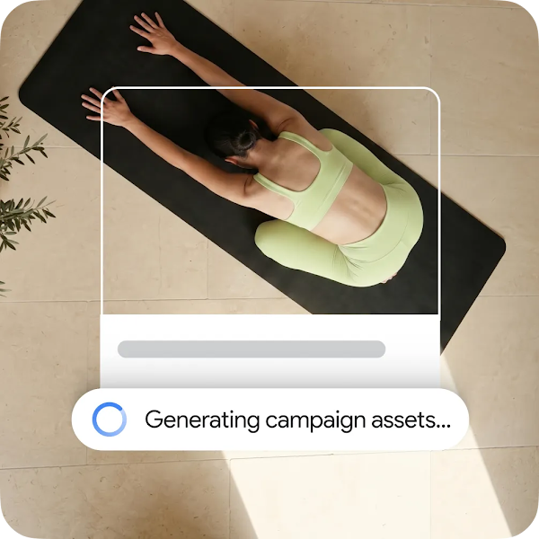 High-angle view of a person on a yoga mat with a digital interface showing a "Generating campaign assets" progress bar.