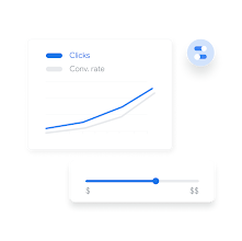 Line graph showing 2 lines: clicks vs conversion rates with UI of a budget selector.