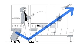 Vediamo una donna con una valigia e in mano un passaporto che attraversa un’area di un aeroporto. Alle sue spalle vediamo un aereo. Una freccia blu indica verso l’alto.