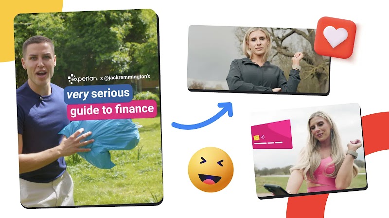A man holds a blue bag next to text reading "experian. x @jackremmington's very serious guide to finance." A blue arrow points to a woman in a black jacket, then to her smiling in a pink top holding a phone next to a pink credit card graphic.
