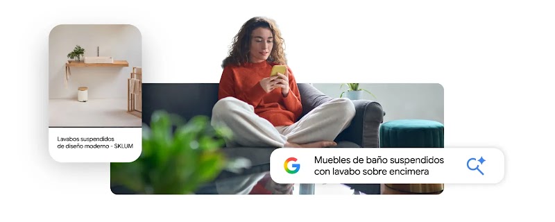 Mujer de pelo rizado con jersey naranja usando su móvil en el sofá. A su lado aparece una ficha de producto de Sklum y una barra de búsqueda de Google con el texto: 'Muebles de baño suspendidos con lavabo sobre encimera'