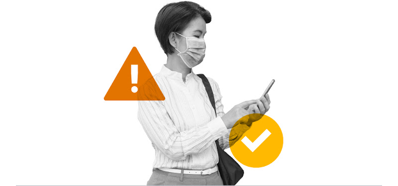 A caution sign and a tick overlaying a woman using her mobile phone as she fact-check claims and scrutinize brands to ensure they are authentic, trustworthy, sustainable and ethical