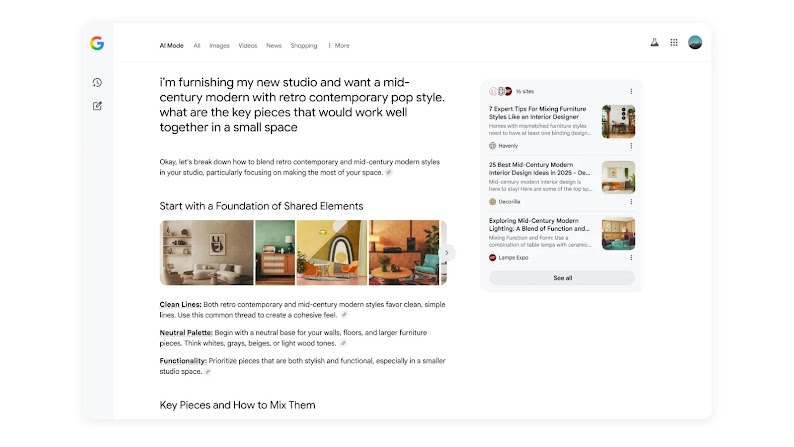 An image showing an AI Mode search on a desktop screen. The query asks for suggestions to furnish a new studio in a particular style. There are results, links, and images to answer this question.