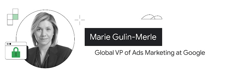 Imagen de primer plano de Marie Gulin-Merle, vicepresidenta global de Marketing de Anuncios de Google. Tiene la piel clara y el pelo rubio hasta los hombros. Lleva una blusa oscura bajo una chaqueta oscura.