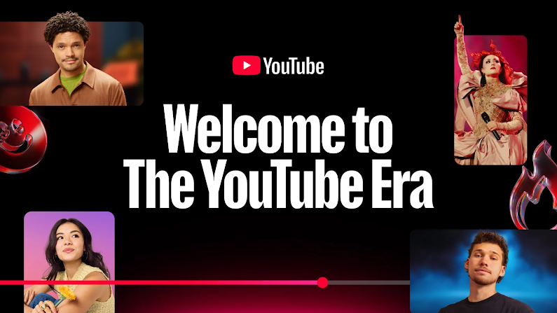 Welcome to the YouTube Era appears in bold white letters on a black background and flanked by the YouTube Play button logo, and images of YouTube creators and celebrities, including Trevor Noah and Chappell Roan.