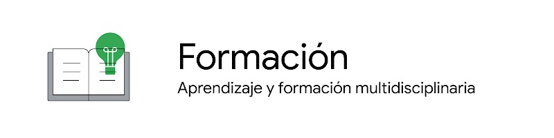 Imagen de una bombilla sobre un libro abierto junto al texto "Formación, Aprendizaje y formación multidisciplinaria".