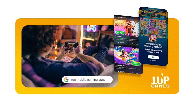A person relaxing on a couch playing a mobile game on their phone alongside 1UP Games puzzle app screens and the 1UP logo.