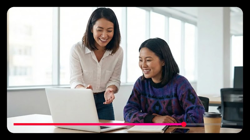 Two smiling women in a bright office looking at a laptop together. One woman stands and gestures toward the screen while the other sits. A red YouTube-style progress bar is overlaid at the bottom of the frame.