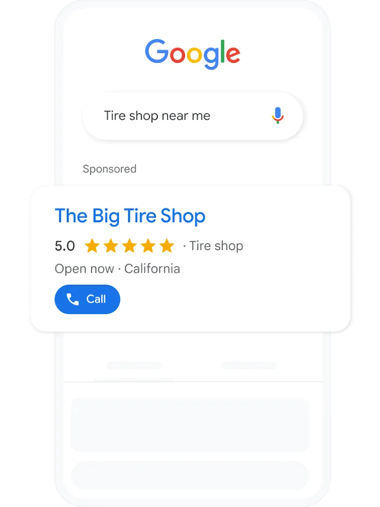 A search query and local services ad for tire shops nearby.