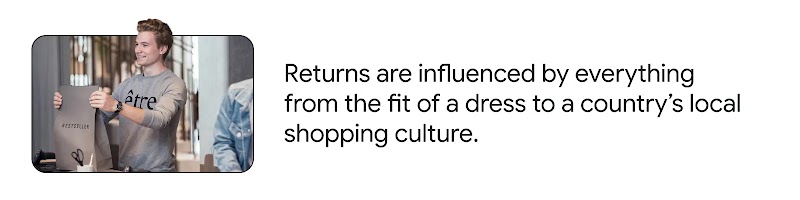 A smiling man in holds a "BESTSELLER" shopping bag. Text to the right reads: "Returns are influenced by everything from the fit of a dress to a country’s local shopping culture."