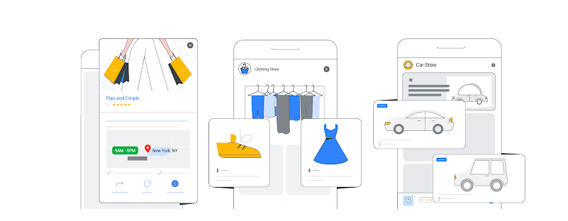 Publicité pour une bijouterie incluant l'adresse du magasin, Fiche d'établissement d'un magasin de vêtements mettant en avant différents articles , Fiche d'établissement d'un concessionnaire automobile présentant un choix de voitures et des informations de localisation