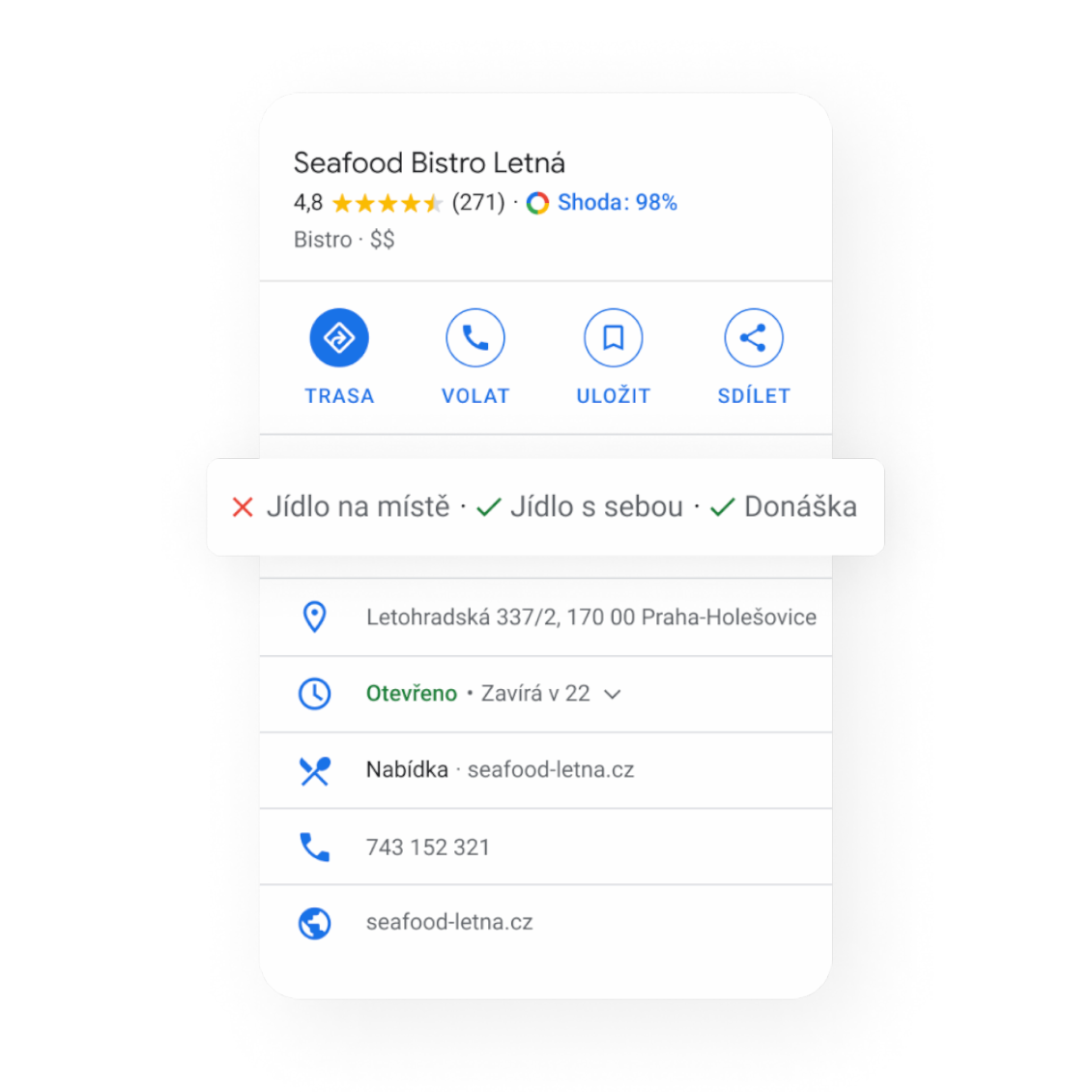Obrázek profilu restaurace s nabídkou služeb – konzumace jídla uvnitř není možná, možnost zakoupení jídla s sebou nebo jeho doručení