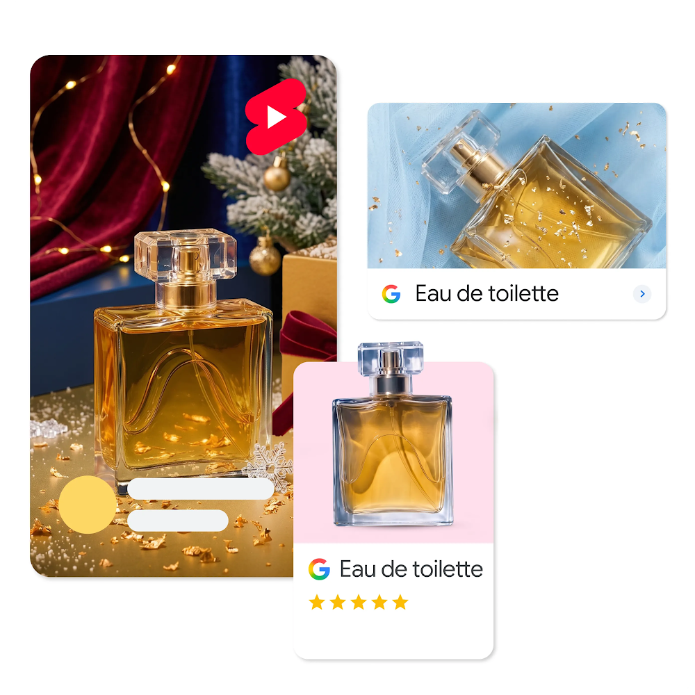 Colagem digital mostrando um frasco quadrado de perfume âmbar em três formatos diferentes: um anúncio em vídeo vertical do YouTube Shorts em um cenário com neve, um card de imagem horizontal da Pesquisa e um card de produto padrão do Google Shopping.
