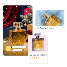 Colagem digital mostrando um frasco quadrado de perfume âmbar em três formatos diferentes: um anúncio em vídeo vertical do YouTube Shorts em um cenário com neve, um card de imagem horizontal da Pesquisa e um card de produto padrão do Google Shopping.