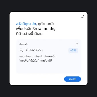 หน้าต่างคำแนะนำปรับแต่งแคมเปญ ทักทาย "สวัสดีคุณ Jo" พร้อมข้อเสนอแนะให้ "เพิ่มคีย์เวิร์ดใหม่" เพื่อเพิ่มประสิทธิภาพ +3%