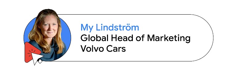 My Lindström, Global Head of Marketing and Customer Experience bei Volvo Cars, ist in einem blauen Kreis zu sehen und trägt ein schwarzes Oberteil. Sie hat langes blondes Haar. Unten links ist ein roter YouTube-Play-Button zu sehen.