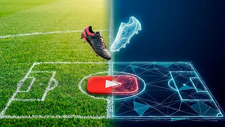 Una cancha de fútbol partida a la mitad: del lado izquierdo, el pasto verde con un botín de fútbol negro; del derecho, una imagen de la cancha en 3D, en colores neutros. En el centro, el logo de YouTube.