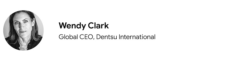 Imagen de Wendy Clark, CEO global de Dentsu International, con traje negro y un collar. Tiene pelo largo y de color oscuro, ojos claros y piel clara.