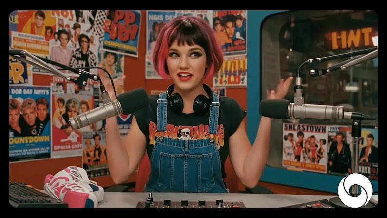 The AI-generated DJ Bev character, with a black-and-pink pageboy hairstyle and wearing overalls over a concert tee, appears in an AI-generated studio, surrounded by posters for AI-imagined musical acts.
