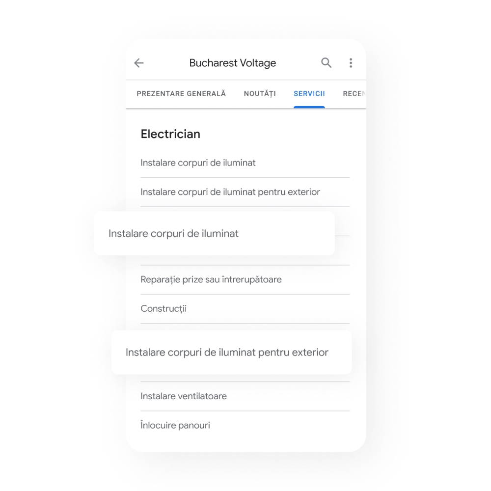 Imagine cu un Profil de companie pentru servicii pe un dispozitiv mobil cu o listă de servicii oferite evidențiate