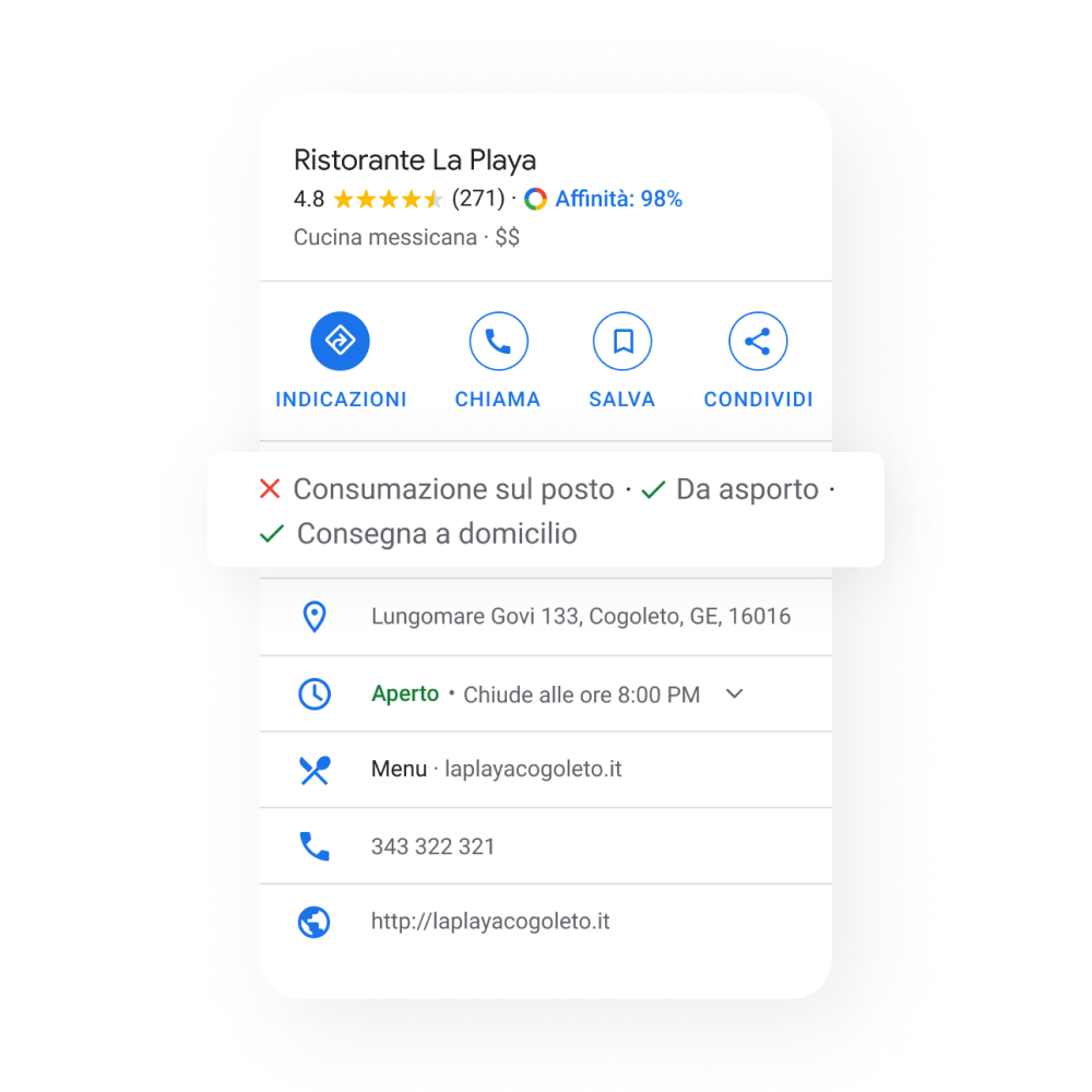Image of a restaurant Business Profile popping out the services offered as not available dine-in and available takeaway and Delivery