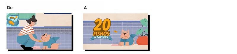 Guión gráfico con dos cuadros para el anuncio de Fishos. En el primero, una persona dándole un Fishos a su perro. En el segundo, una imagen que dice 20 Fishos en cada paquete y el perro sonrient