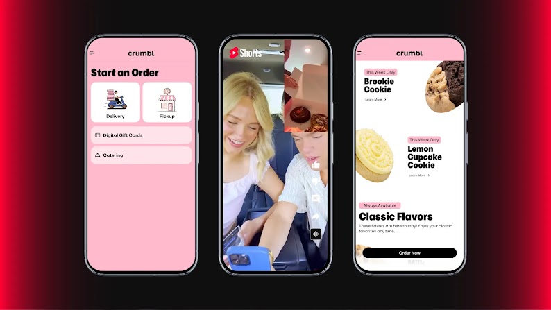 Three mobile phone screens show two of the Nelson siblings, both with light skin and light hair, ordering cookies on the Crumbl app. 