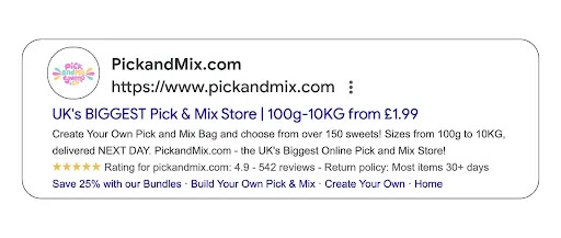 Une annonce sur le Réseau de Recherche Google générée par IA pour PickandMix.com, avec le titre suivant : "PLUS GRAND magasin Pick and Mix du Royaume-Uni | 100 g-10 kg à partir de 1,99 £".