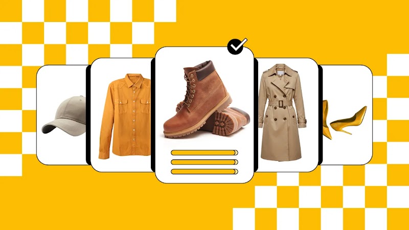 A carousel with five floating white cards against a yellow and white checkerboard background. The cards show a baseball cap, an orange shirt, brown leather work boots (with a checkmark above), a beige trench coat, and yellow high heels.