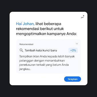 Tampilan kartu rekomendasi Google Ads berisi saran "Tambah kata kunci baru" untuk menjangkau lebih banyak pelanggan lewat penelusuran terkait, lengkap dengan potensi peningkatan indikator (+3%) dan tombol "Terapkan".